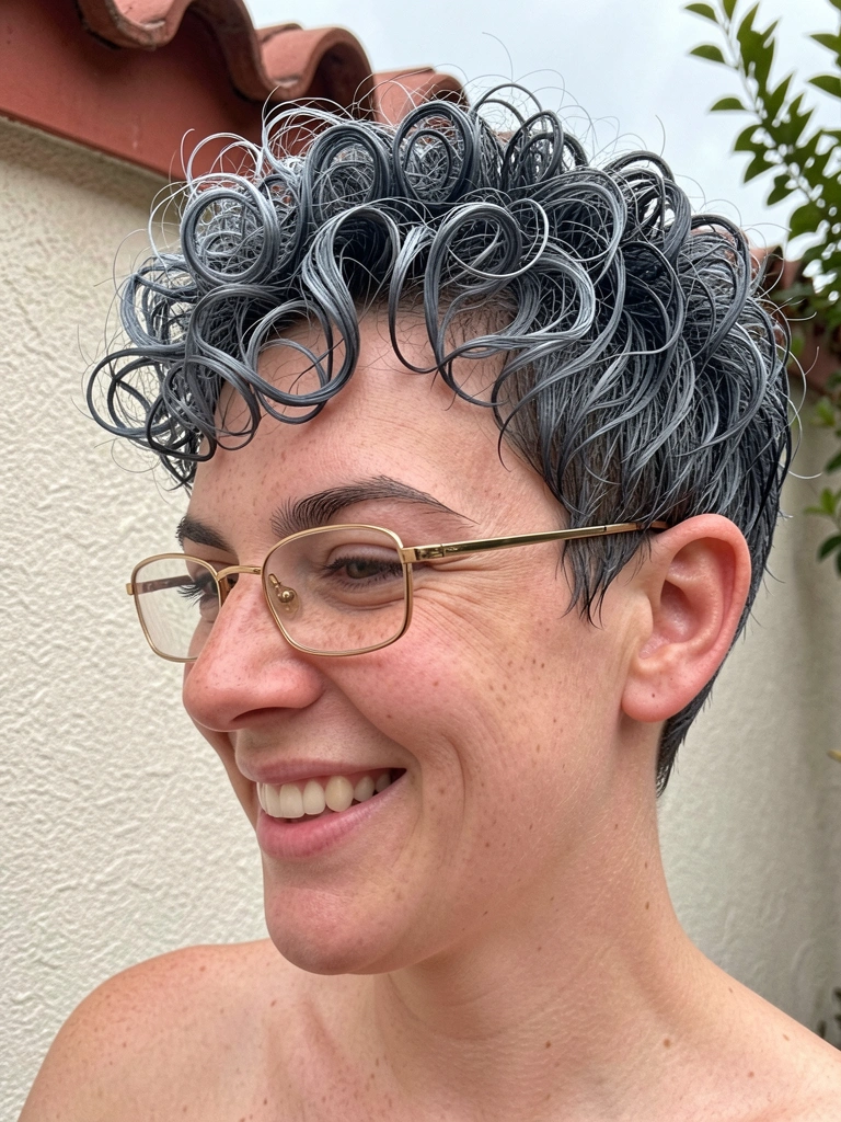 Mulher com cabelo cacheado curto estilo pixie cut, olhando para o lado em fundo urbano com prédios desfocados.