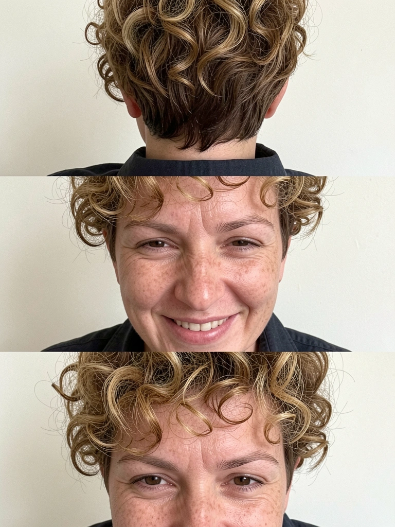 Duas fotos lado a lado de um pixie cut cacheado: à esquerda, cabelo com cachos abertos e volume; à direita, cachos mais fechados e definidos.