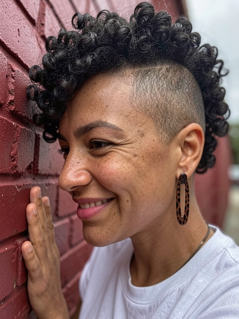 Perfil de mulher com cabelo cacheado volumoso no topo e laterais raspadas.