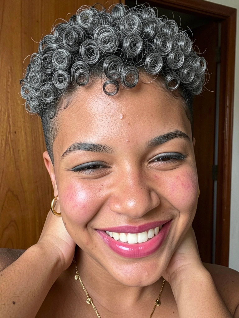 Mulher com tapered hair cacheado, mão na nuca exibindo laterais curtas.
