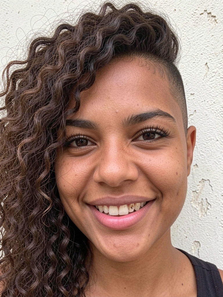 Cabelo cacheado com sidecut, parte raspada à mostra e fios jogados para o lado.