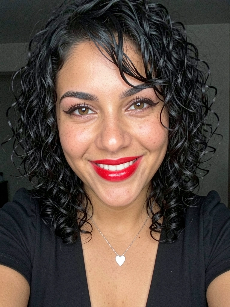 Corte de cabelo cacheado curto com pontas mais longas na frente e bico suave.
