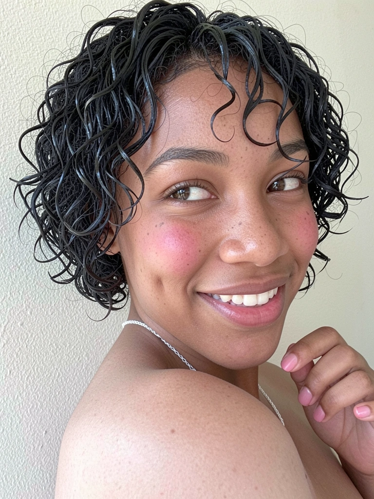 Mulher negra com cabelo cacheado curto e crespo definido, sorrindo levemente.