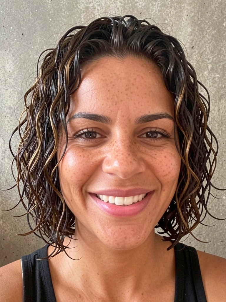 Cabelo cacheado aberto em micro bob com ondas soltas, texturizado e com movimento natural.