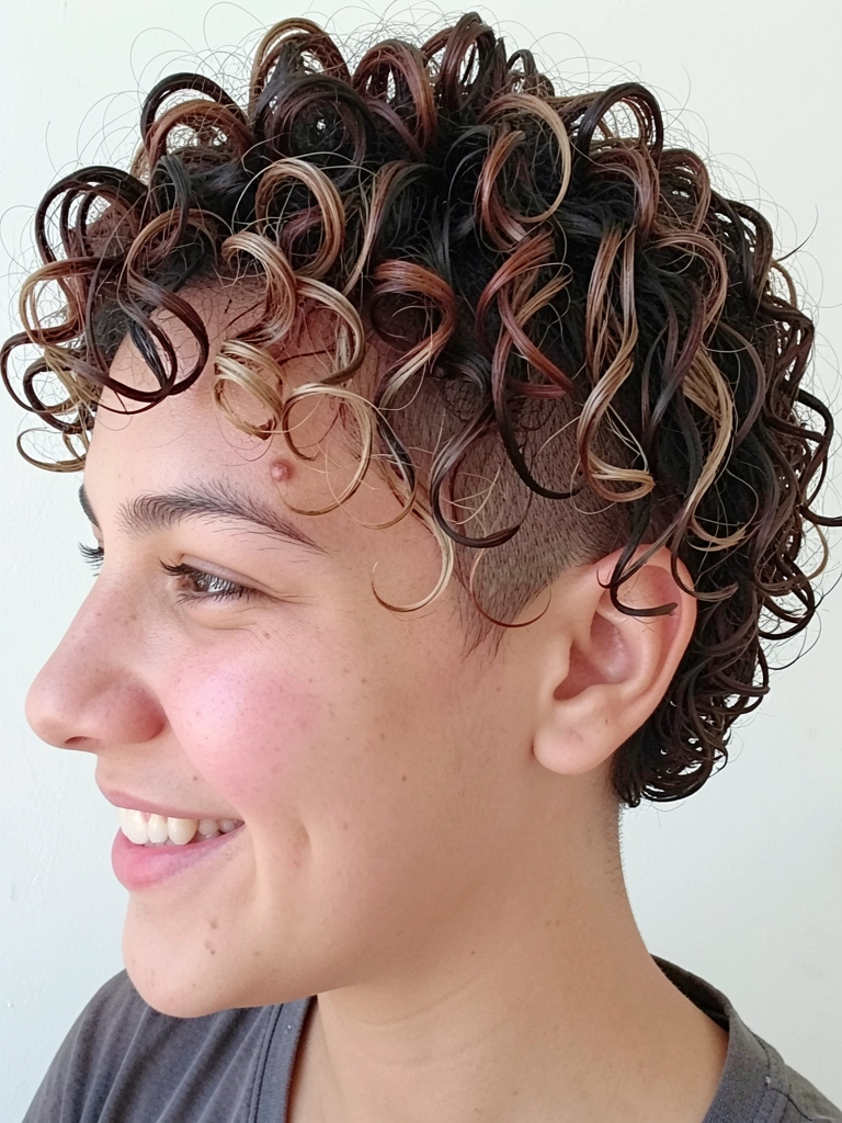 Cabelo cacheado desconstruído com undercut e laterais raspadas.