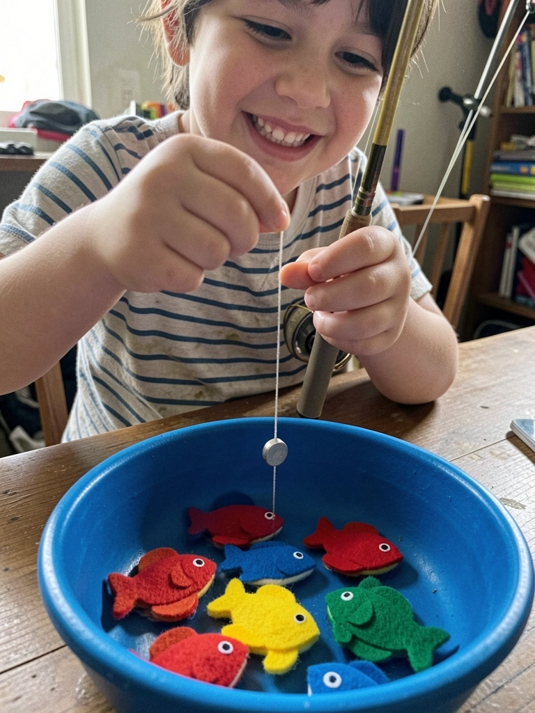 Criança segura vara de pescar com ímã sobre bacia azul com peixinhos de feltro coloridos.