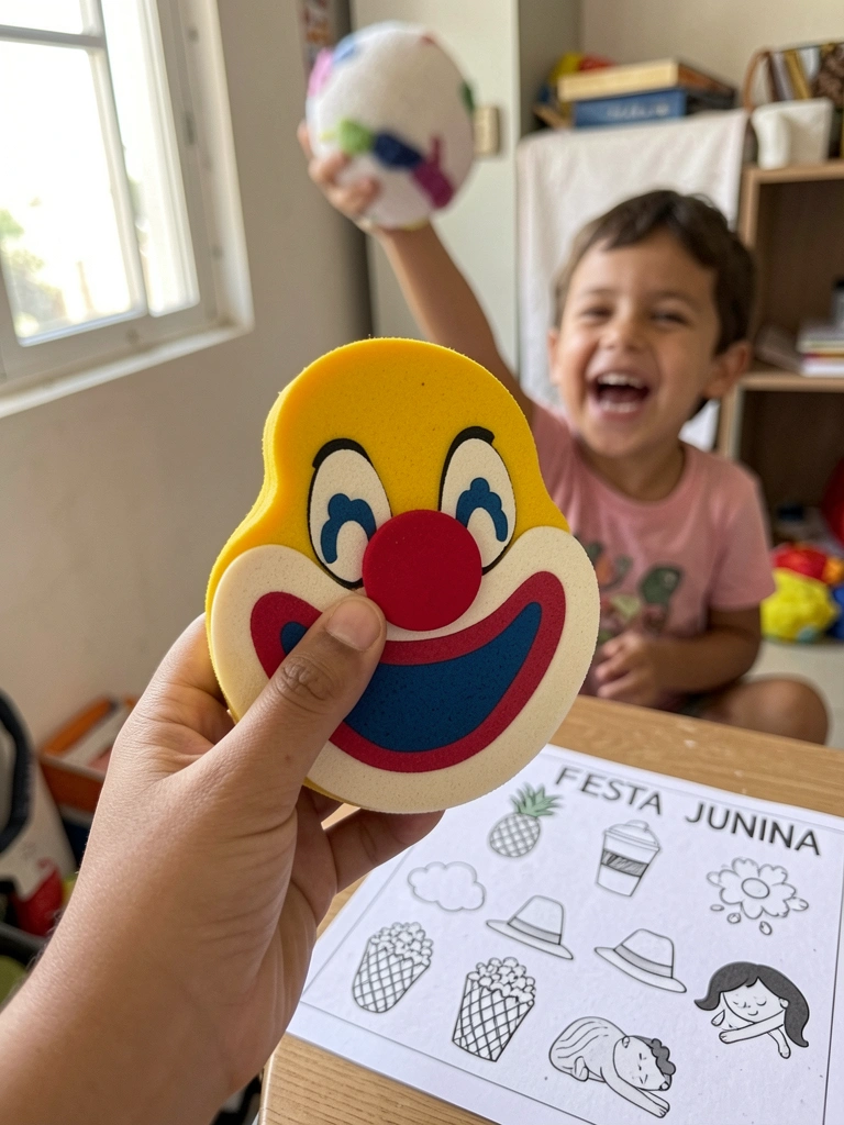 Boca de palhaço feita de EVA colorido em um suporte, criança arremessando bola de meia.