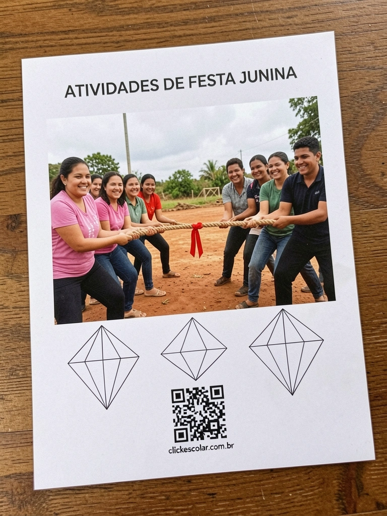 Duas equipes puxam uma corda grossa em um chão de terra, com uma fita vermelha no centro.