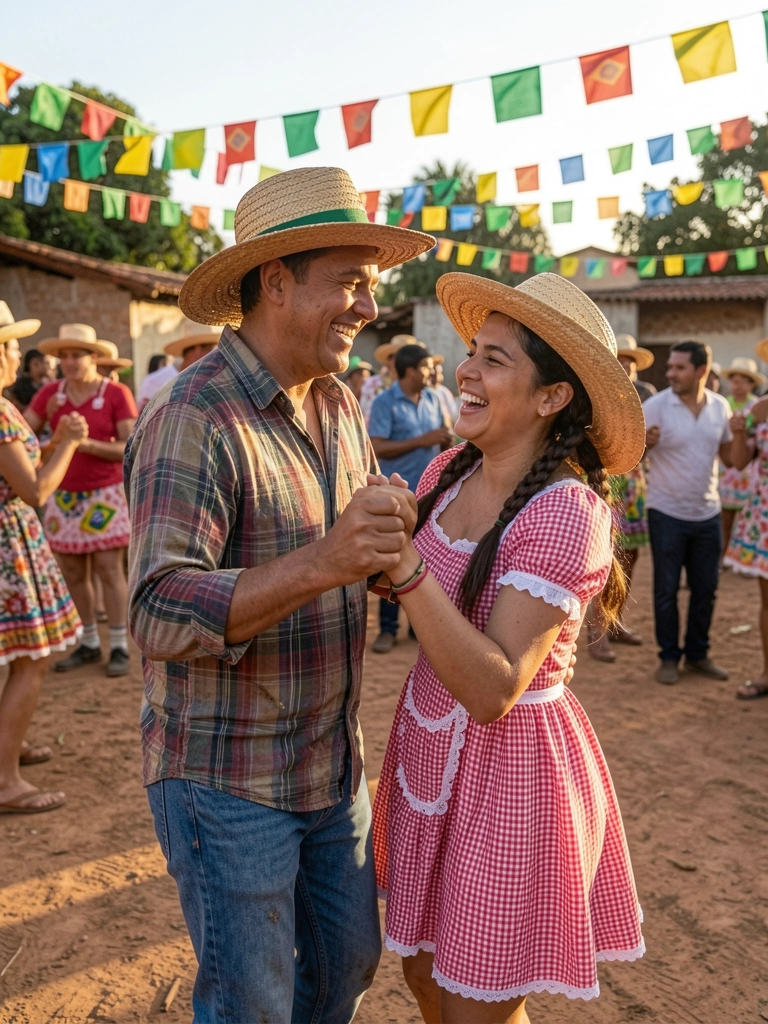 Casal dançando quadrilha em roda, com roupas caipiras e bandeirinhas ao fundo.