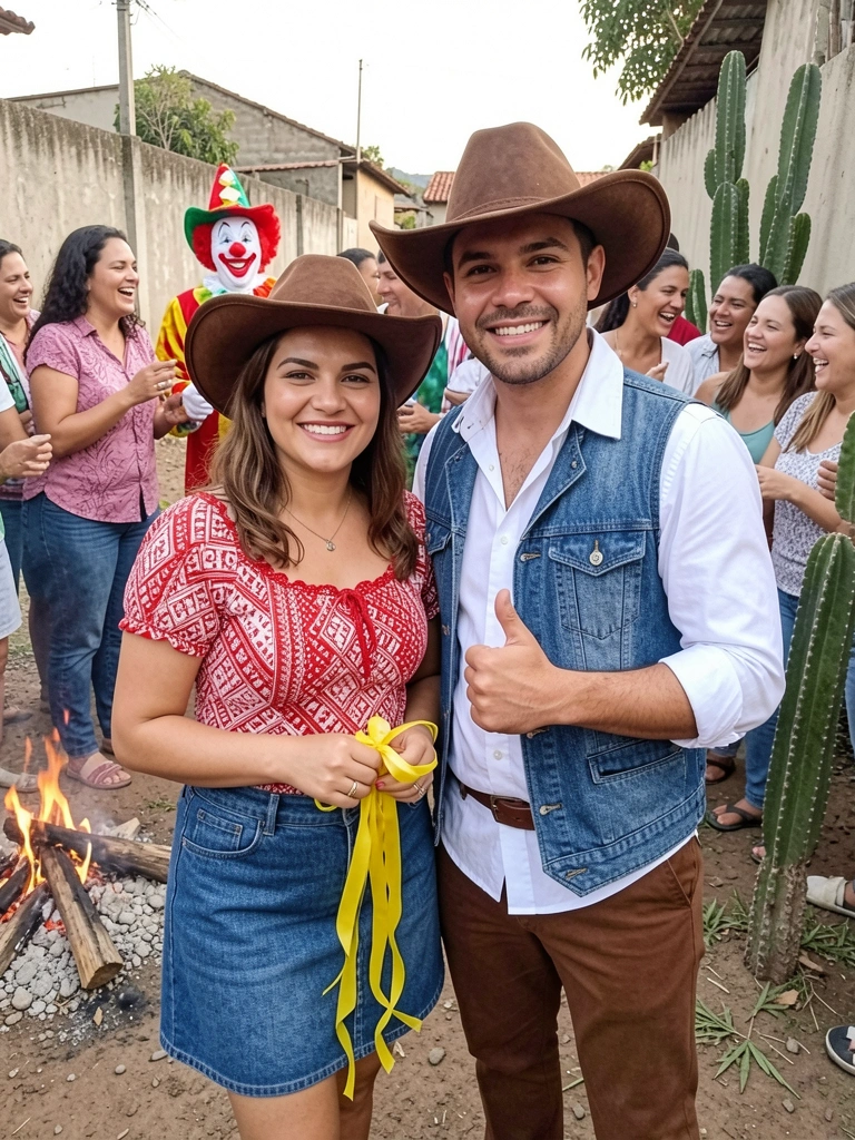 Noiva e noivo em trajes caipiras ao lado de um padre vestido de palhaço, com convidados rindo ao fundo.