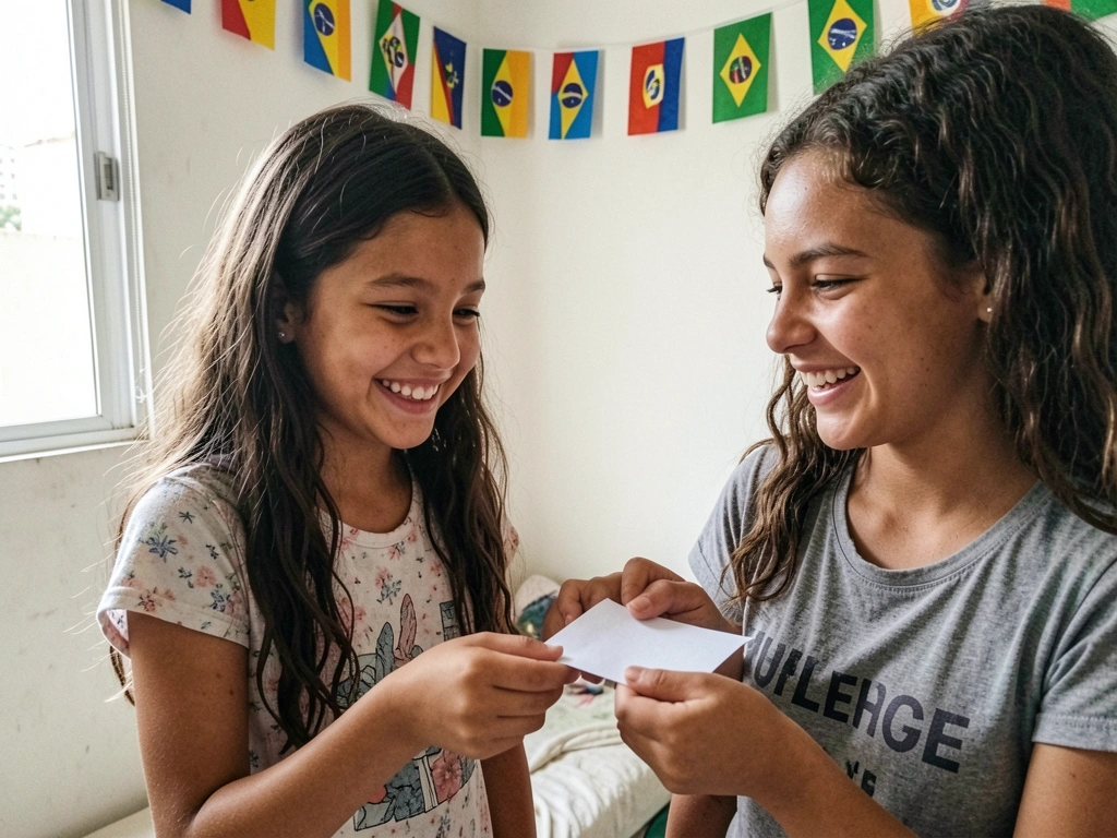 Criança entregando bilhete dobrado para amiga, ambas sorrindo, com bandeirinhas ao fundo.