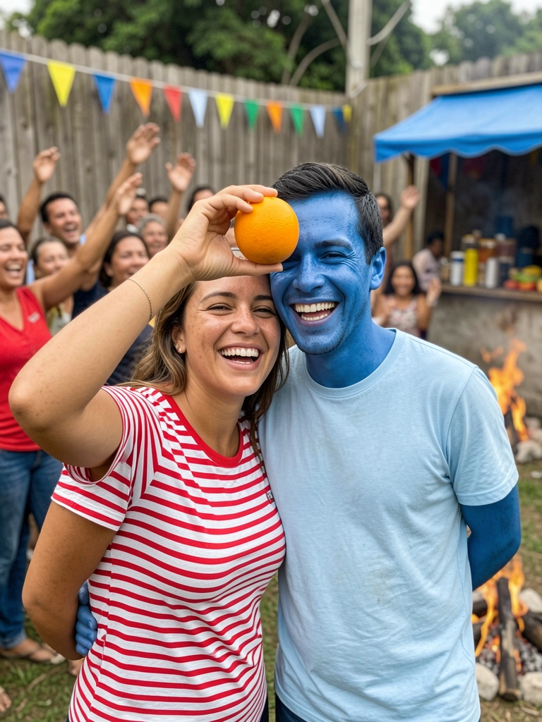 Casal segura uma laranja entre as testas com as mãos para trás, enquanto plateia animada observa.