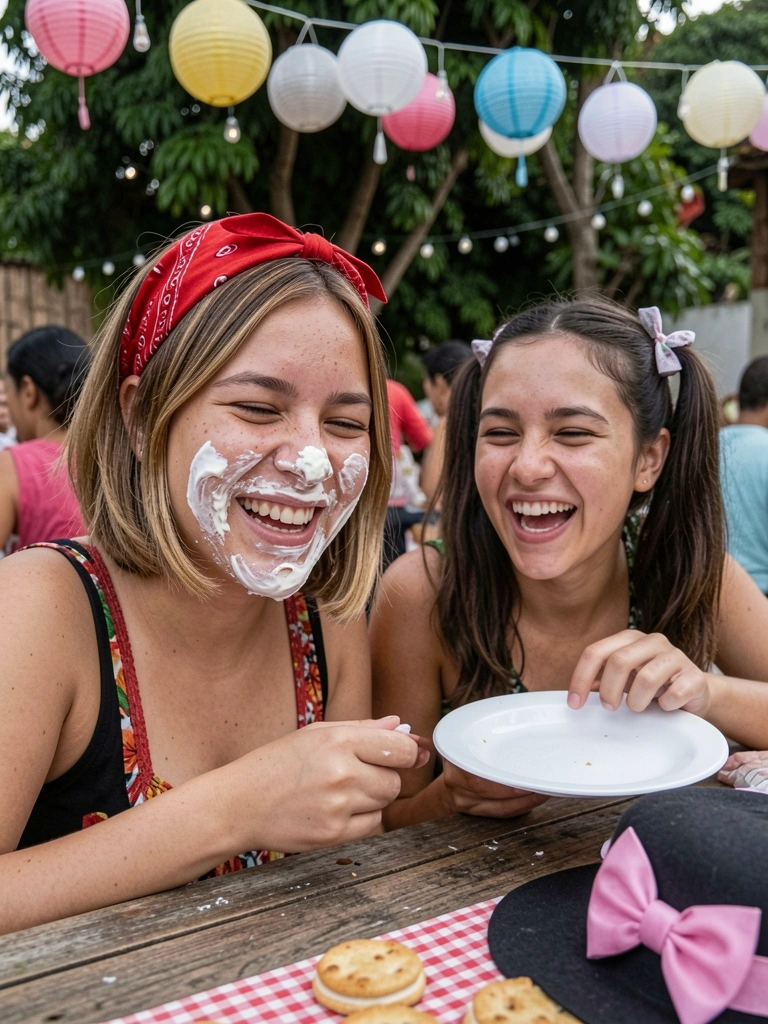 Duas pessoas em uma festa, uma com torta de chantilly no rosto e a outra rindo, segurando um prato vazio.