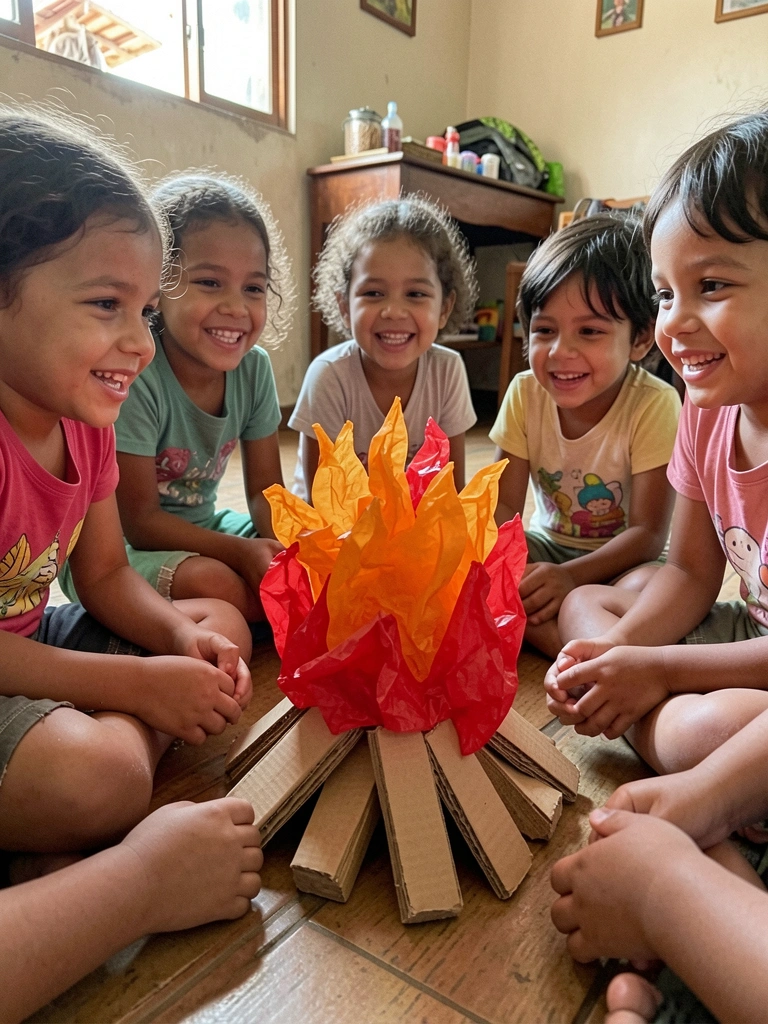 Crianças sentadas ao redor de uma fogueira falsa feita com papel celofane laranja e vermelho e lenha de papelão.