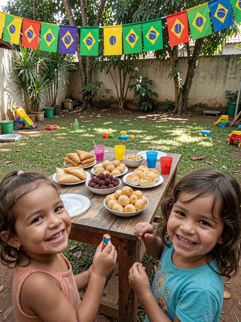 Quintal com varal de bandeirinhas coloridas, mesa com comidas típicas e crianças brincando.