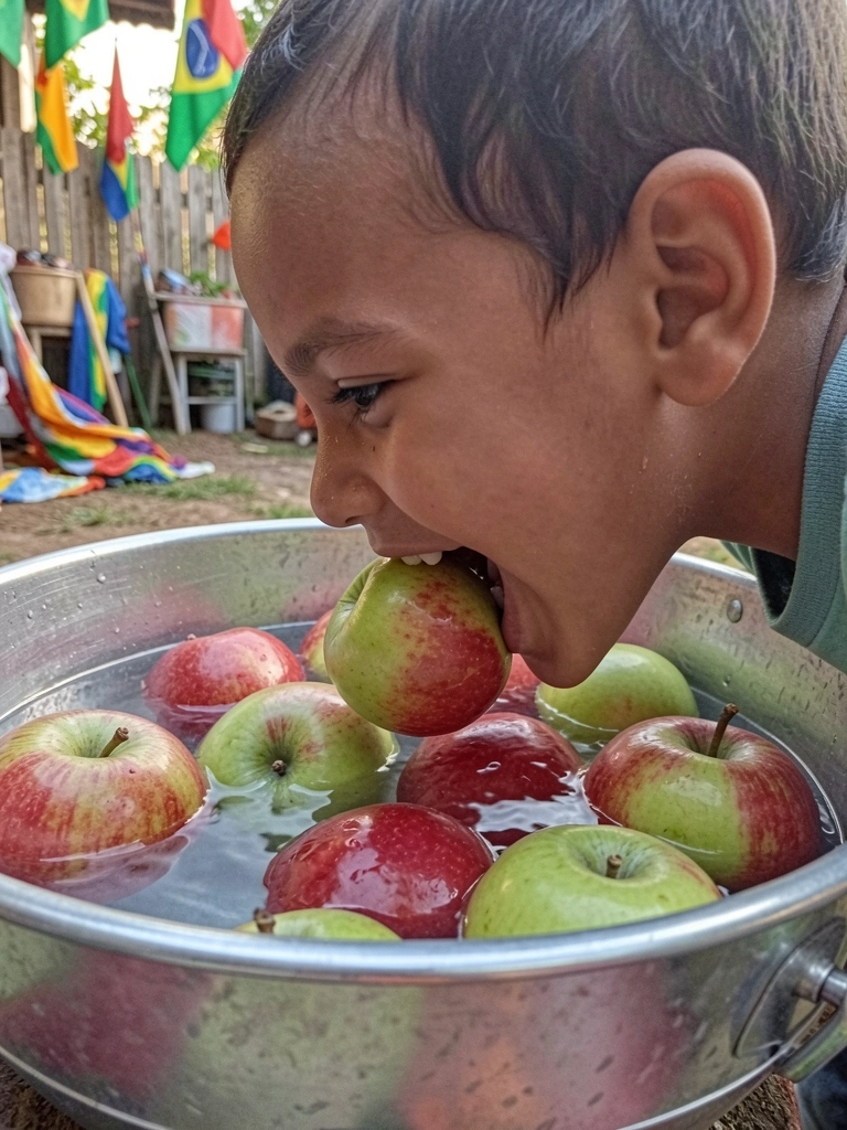 Criança inclinada sobre bacia com água e maçãs flutuantes, tentando morder uma maçã sem usar as mãos.