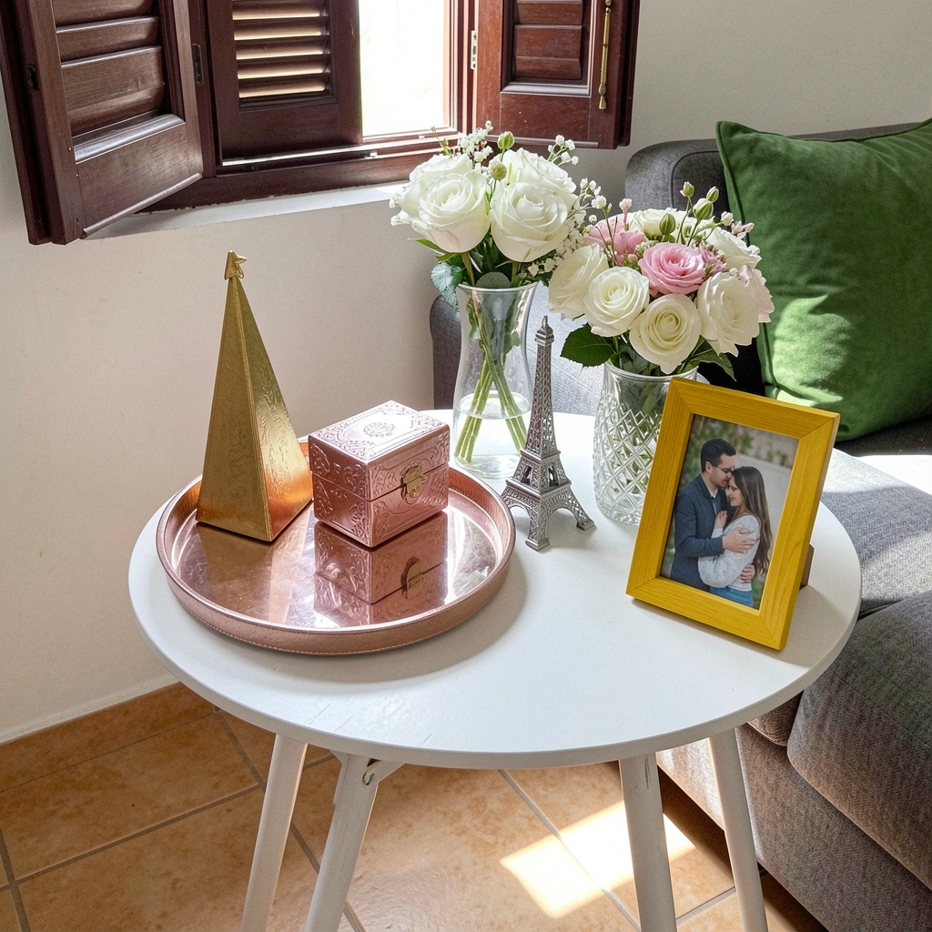 Mesa de canto redonda de madeira com pés finos ao lado de sofá cinza, vaso com planta sobre a mesa.