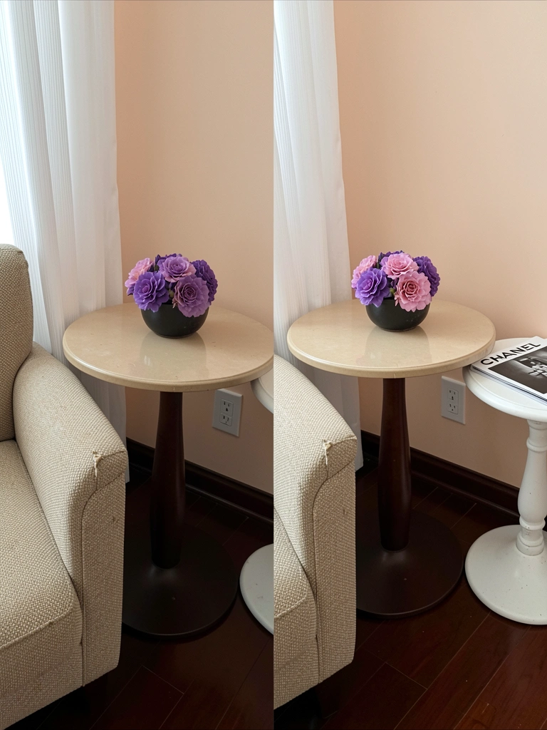 Mesa de canto com bandeja, xícara de café e suculenta sobre tampo de madeira.