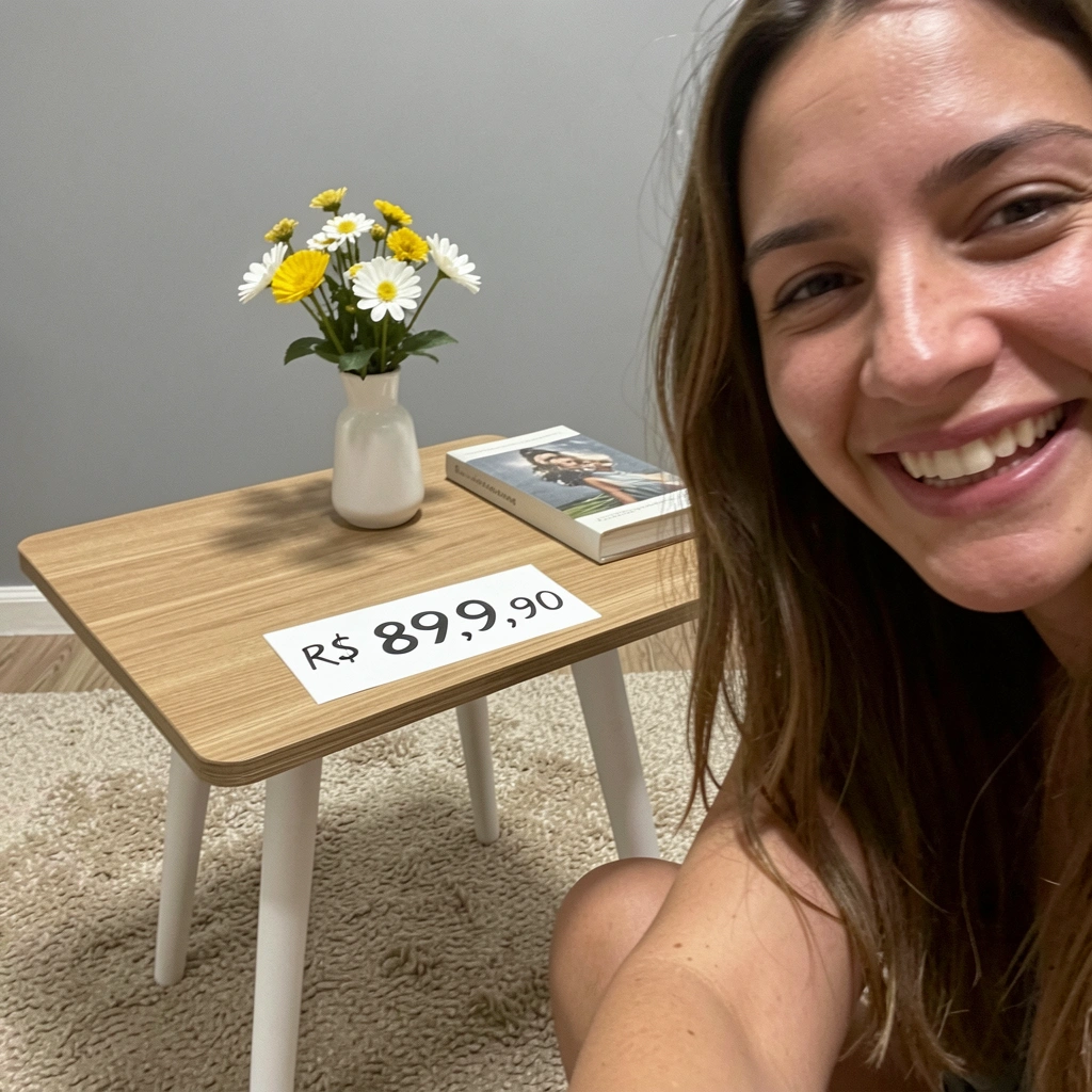 Mesa de canto de MDF com etiqueta de preço R$ 89,90 sobre tampo.