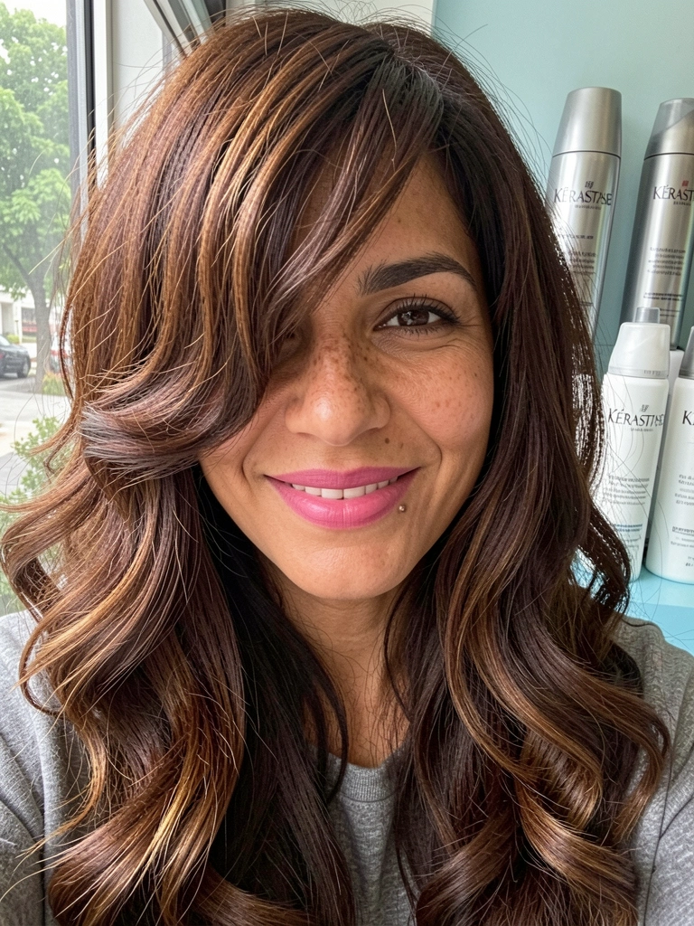 Mulher com cabelo liso longo em camadas suaves, pontas com movimento, fundo neutro.