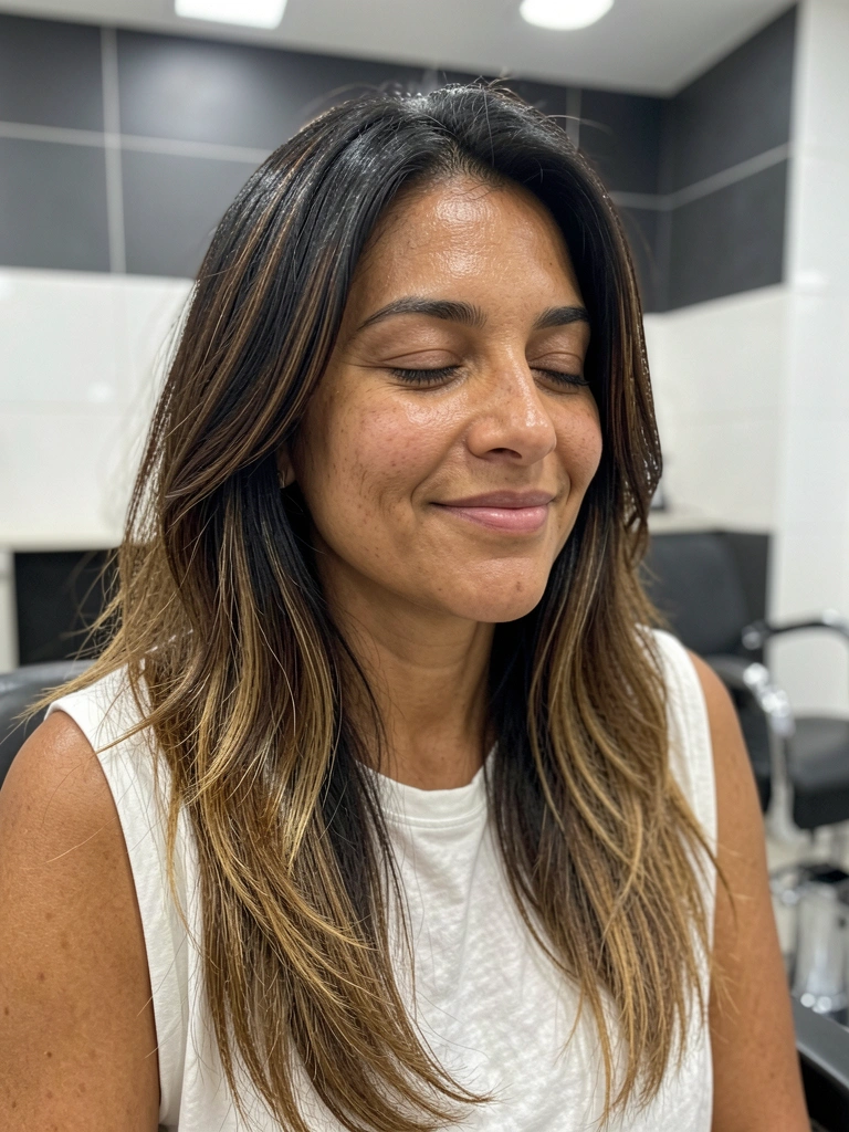 Duas mulheres de perfil, uma com cabelo liso e fino, outra com cabelo volumoso e grosso, ambas com camadas longas.