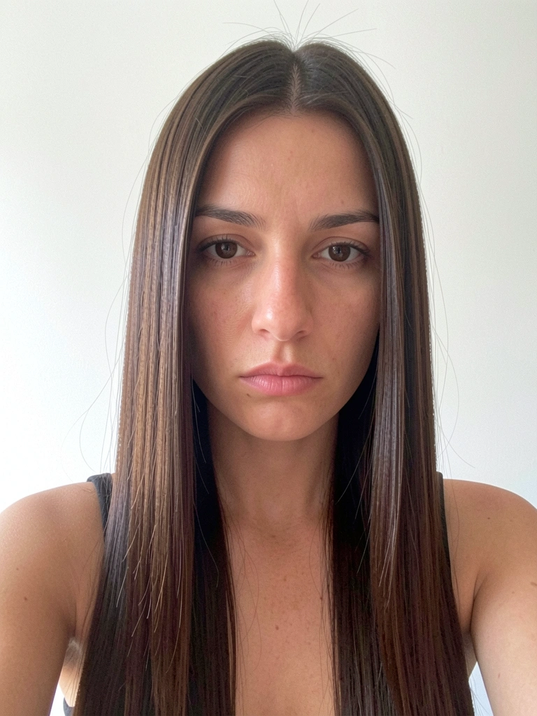 Mulher com cabelo liso longo e reto, pontas alinhadas, expressão séria, olhando para a câmera.