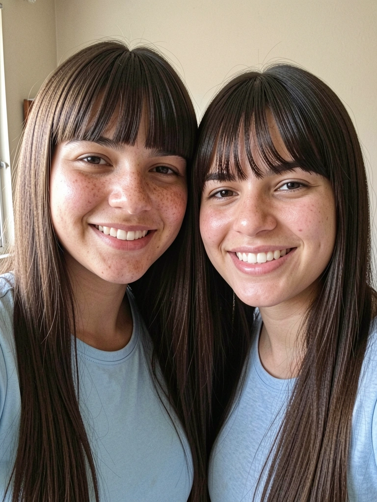Duas mulheres de perfil, uma com franja reta e outra com franja cortina, cabelos longos e lisos.