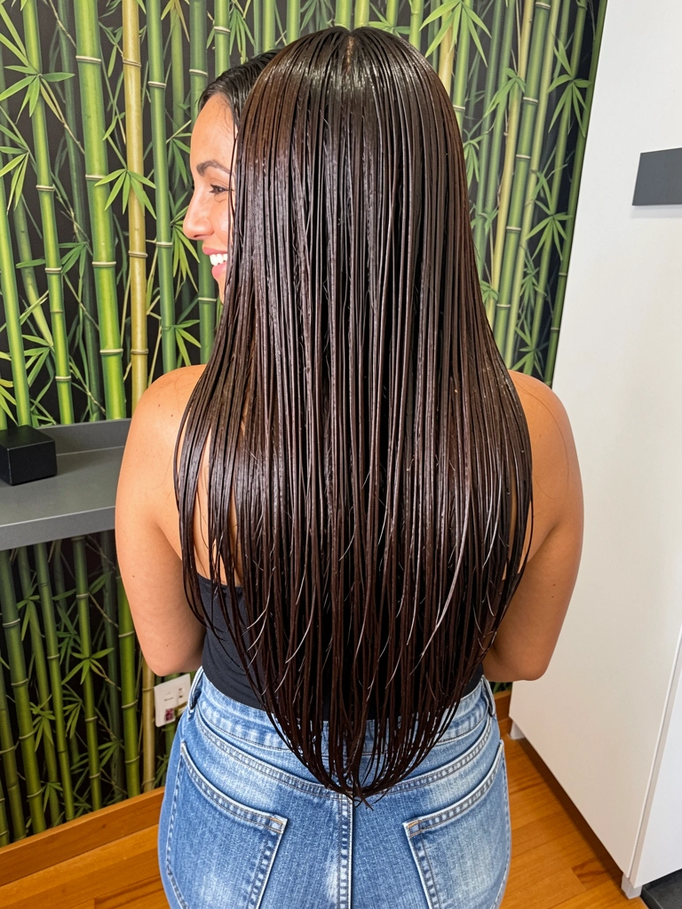 Vista traseira de cabelo liso longo com pontas em formato V sob luz natural.
