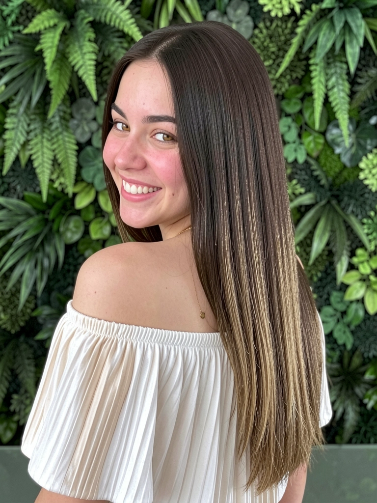 Mulher de costas com cabelo liso longo em formato U, pontas uniformes.
