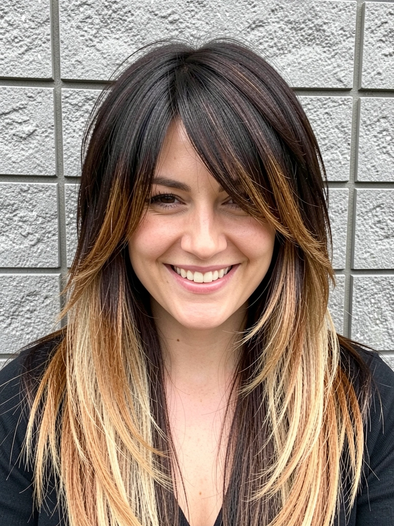 Cabelo liso e longo antes e depois de um corte shaggy, mantendo o comprimento.