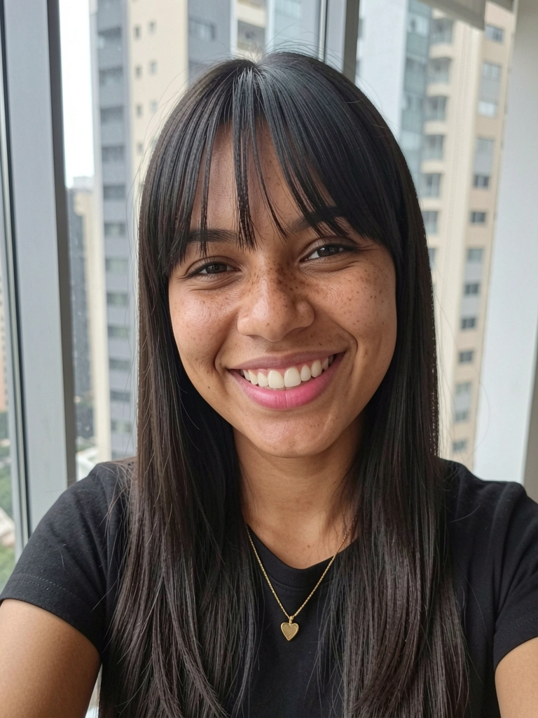 Mulher com cabelo liso longo e franja cortina dividida ao meio, sorrindo.