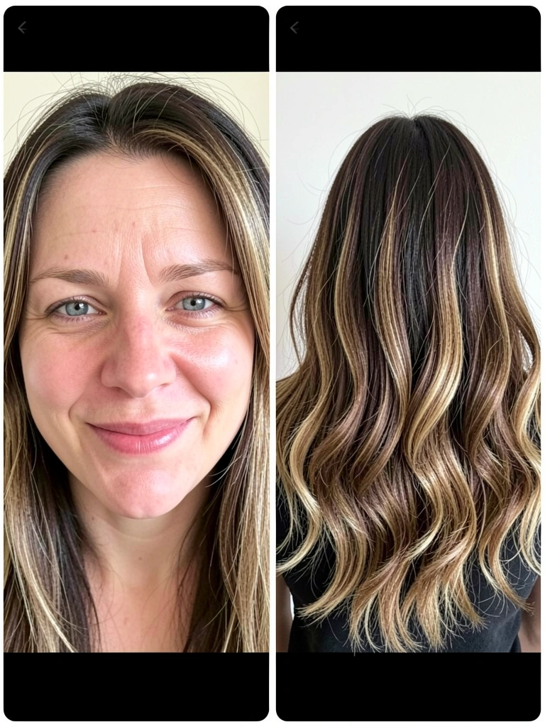 Mulher de perfil exibindo cabelo liso longo em camadas com degraus visíveis.