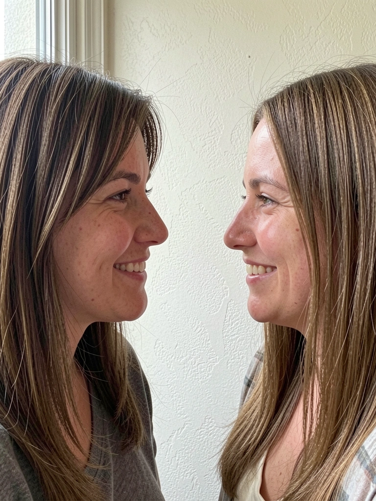 Duas mulheres de perfil mostrando cabelos lisos em comprimentos médio e longo.