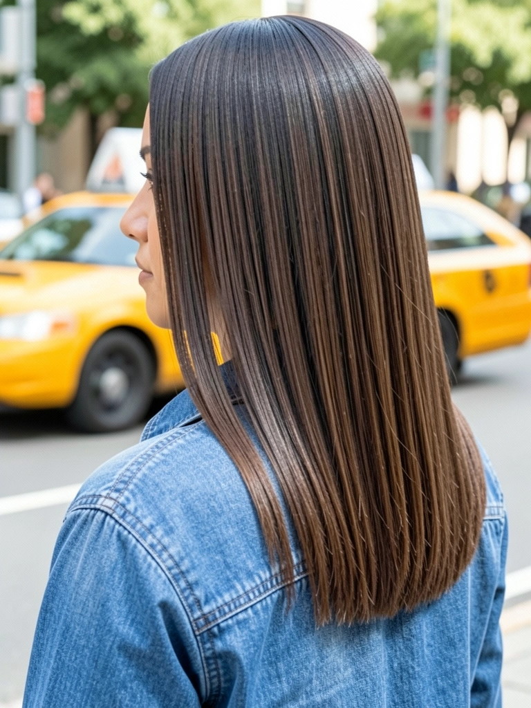 Mulher com cabelo liso longo e reto, pontas alinhadas, expressão confiante.