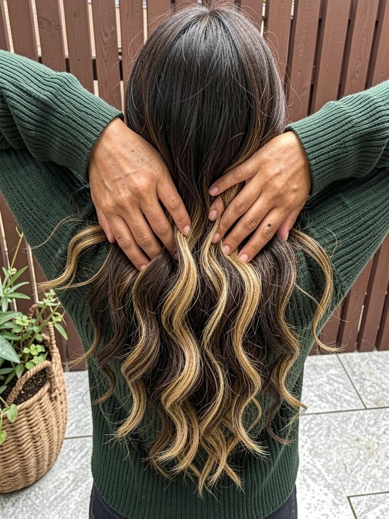Cabeleireira segura mecha fina de cabelo liso, destacando camadas leves.