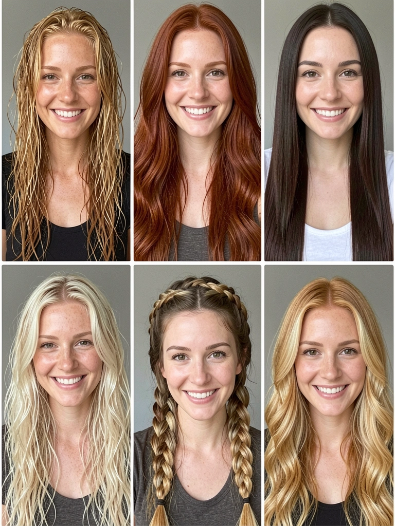 Mulher com cabelo liso grosso e longo em camadas internas, mão passando pelos fios.