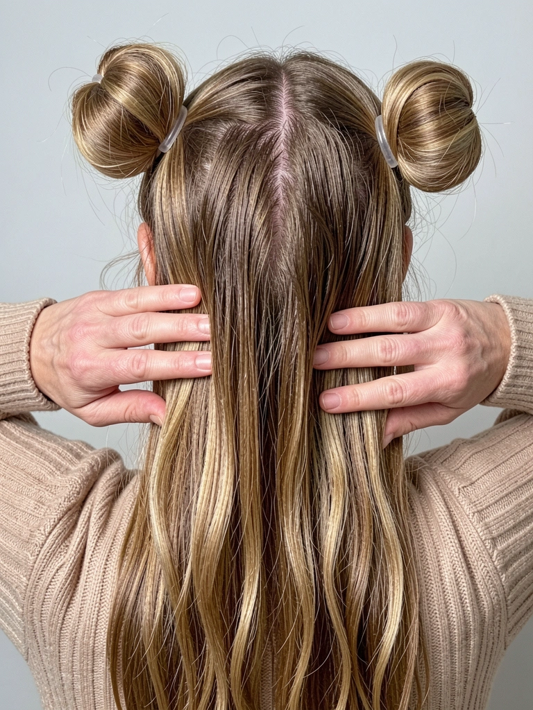 Mulher de costas com cabelo liso grosso em degraus, movimento visível nos fios.