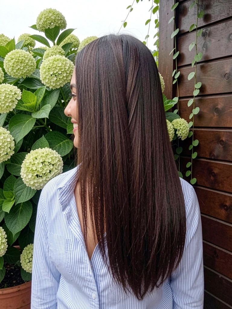 Vista traseira de cabelo liso grosso com V acentuado e pontas finas.