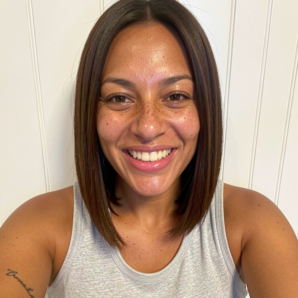 Mulher de perfil com cabelo liso na altura do ombro, corte reto, olhando para frente, fundo neutro claro.