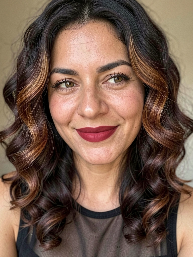 Mulher com cabelo liso na altura do ombro, corte reto, expressão séria.