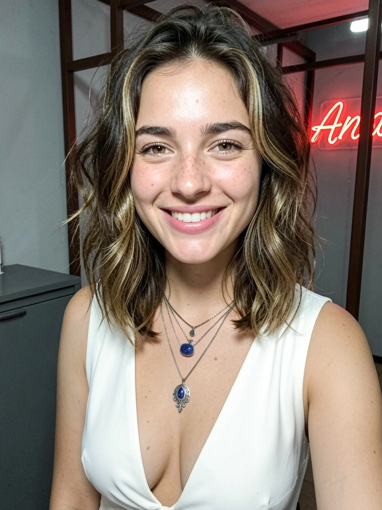 Mulher sorrindo com cabelo na altura do ombro, pontas viradas para dentro, fundo desfocado.