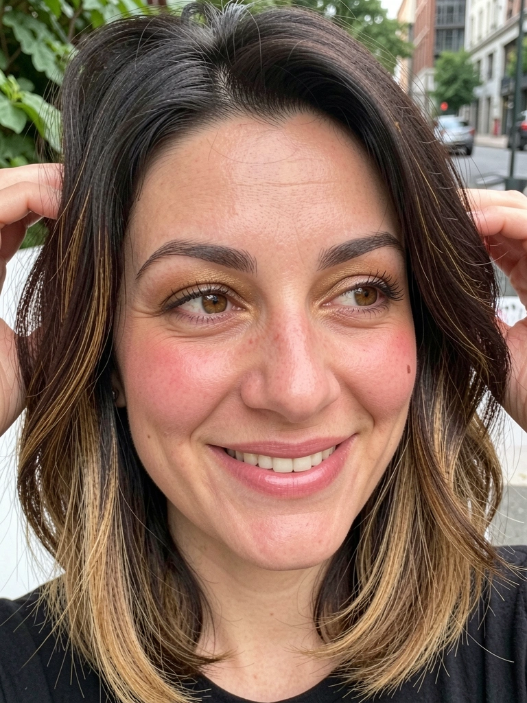 Mulher com cabelo ondulado na altura do ombro, mão bagunçando os fios, fundo urbano desfocado.