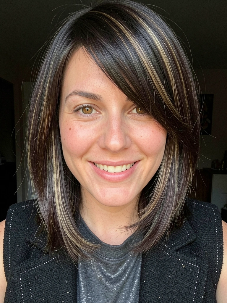 Mulher com cabelo chanfrado na altura do ombro, franja lateral cobrindo um olho, fundo escuro, expressão séria.