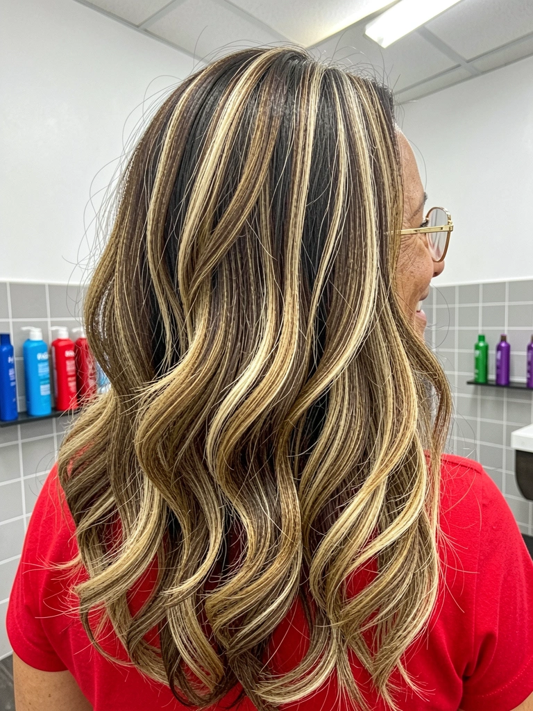 Mulher com cabelo ondulado na altura do ombro e corte chanfrado, sorrindo em um jardim.