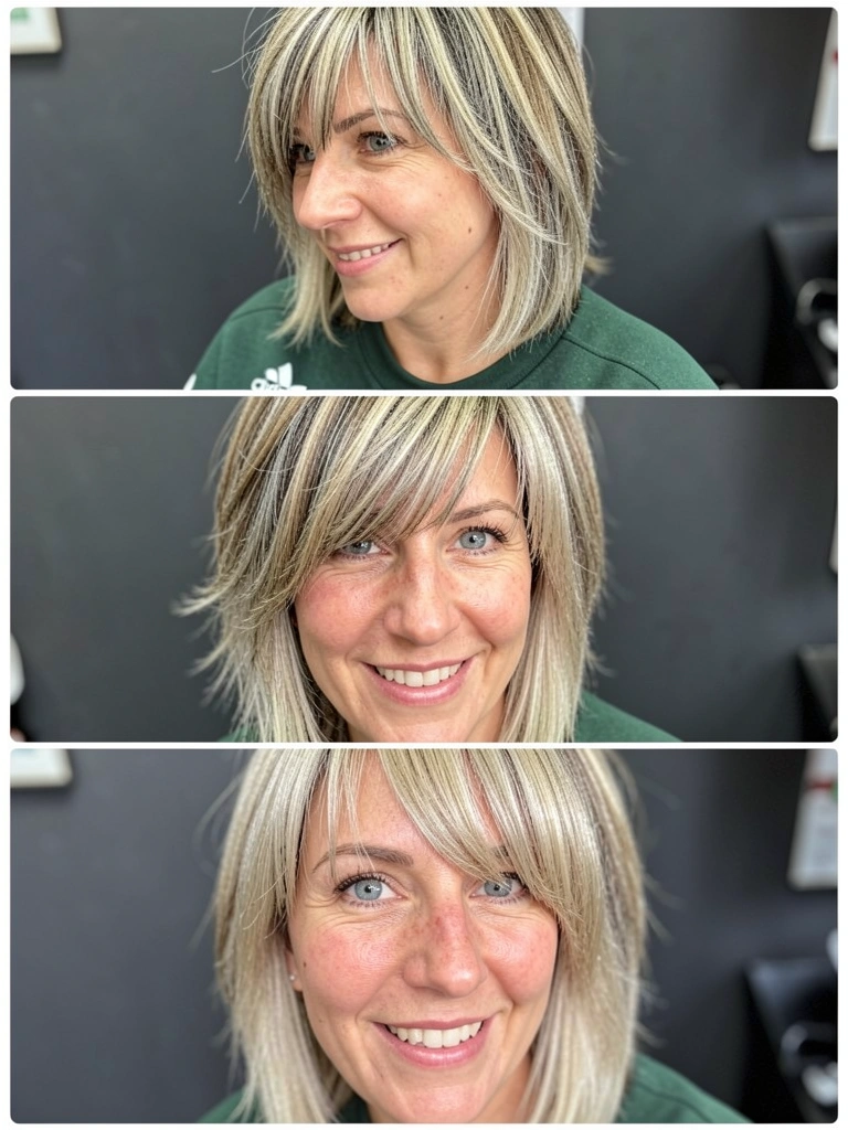 Colagem de três mulheres com franjas cortininha, lateral e reta em cabelo na altura do ombro.