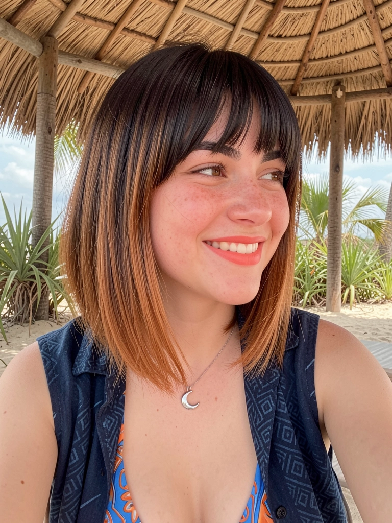 Mulher com cabelo liso na altura do ombro e franja cortininha, olhando para o lado em fundo minimalista.