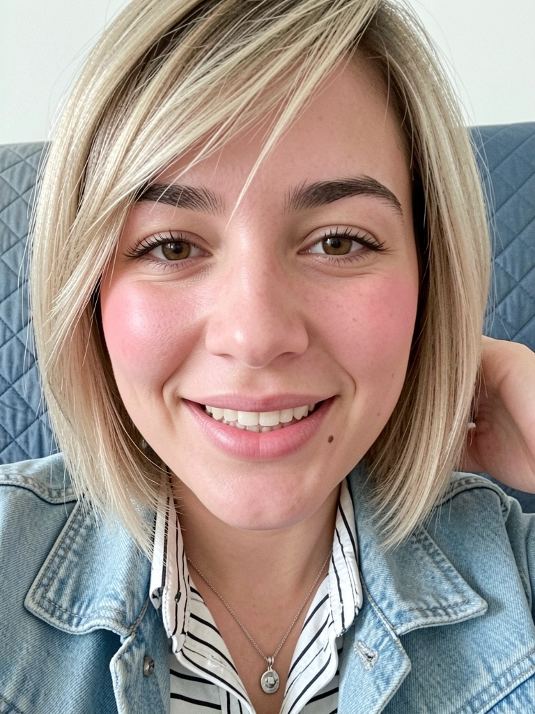 Mulher com cabelo repicado na altura do ombro e franja lateral desfiada, mão na nuca, fundo claro.