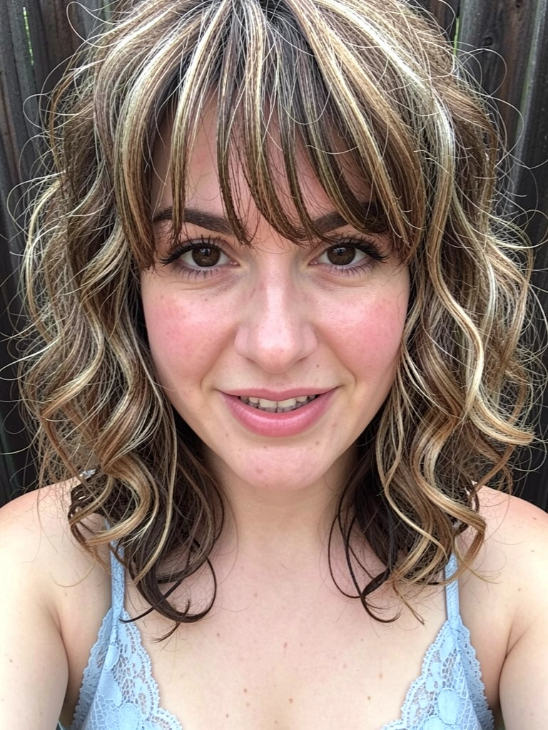Mulher com cabelo cacheado médio e franja cortininha, olhando para a câmera, fundo desfocado.