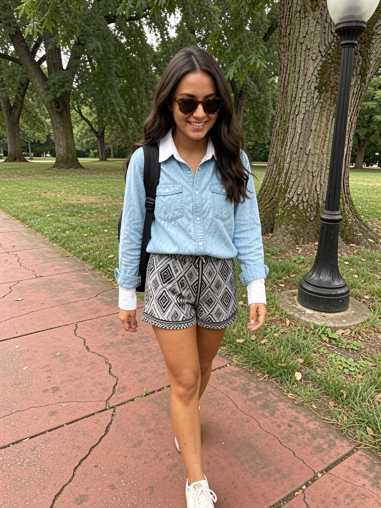 Mulher com jeans azul e tênis branco em pé na calçada, olhando para o lado.