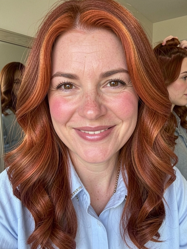 Mulher com cabelo na altura do ombro fazendo coque baixo, espelho ao fundo refletindo o processo.